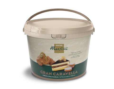 Bež kanta s namazom Master Martini Gran Caravella, na etiketi kroasan i slojevita torta