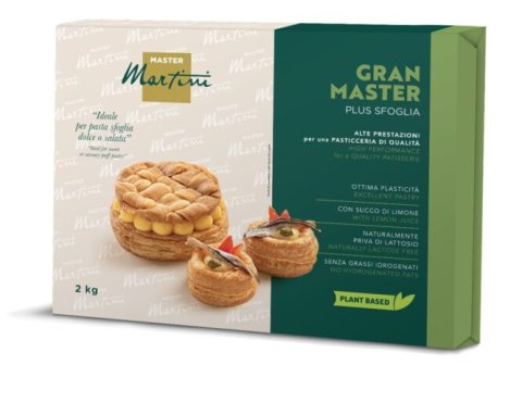 Master Martini Gran Master Plus Sfoglia 2kg kutija lisnatog tijesta sa slikama krafne i slane tartice.
