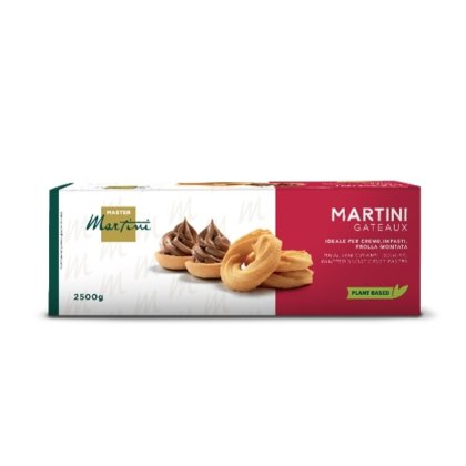 Kutija Master Martini Gateaux, 2500g, biljno prhko tijesto sa čokoladnim tortama i prstenovima tijesta.