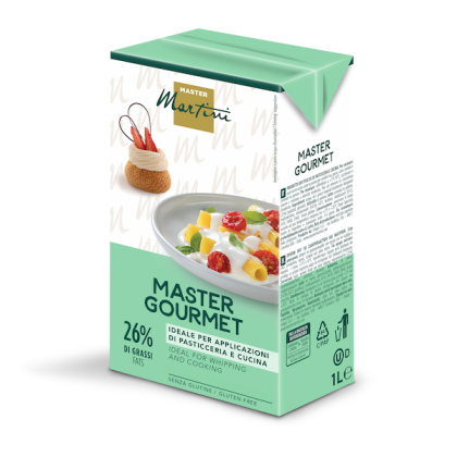 Kutija od 1L vrhnja Master Martini Master Gourmet, 26% masti, bez glutena, za poslastičarstvo i kuhanje.