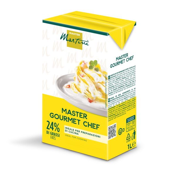Žuta kutija od 1L kuhinjskog vrhnja Master Martini Gourmet Chef, 24% masti, sa slikom tjestenine na etiketi.
