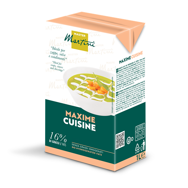 Pakovanje od 1L kuhinjske pavlake Master Martini Maxime Cuisine, 16% masti, sa zdjelom zelene supe na etiketi.