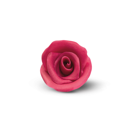 Jedna tamnoružičasta ruža, vjerovatno od fondana ili gum paste, na bijeloj pozadini.