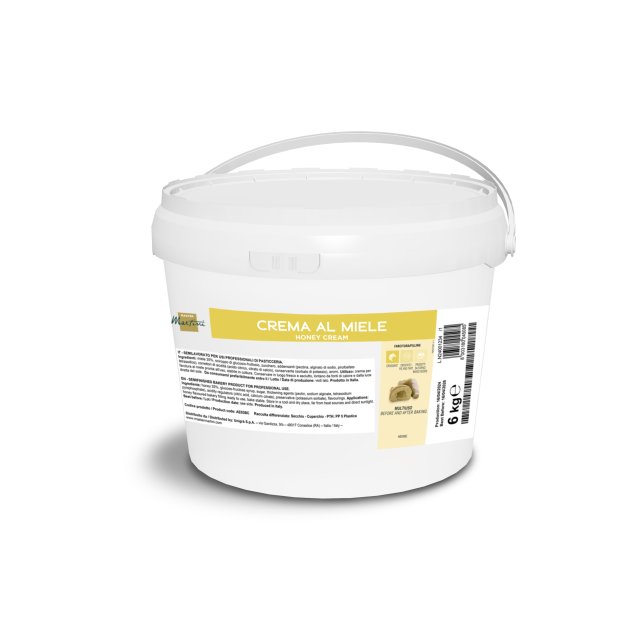 Bijela plastična kanta, 6 kg, sa ručkom, naljepnica "Crema al Miele", za profesionalne pekare.