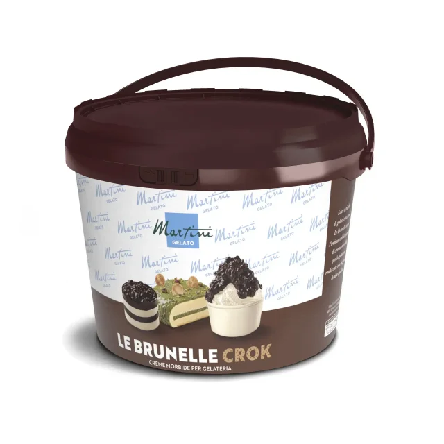 Smeđa kanta kreme Martini Gelato "Le Brunelle Crok" za slastičarnice, sa slikama deserta od pistacija i kakaa.