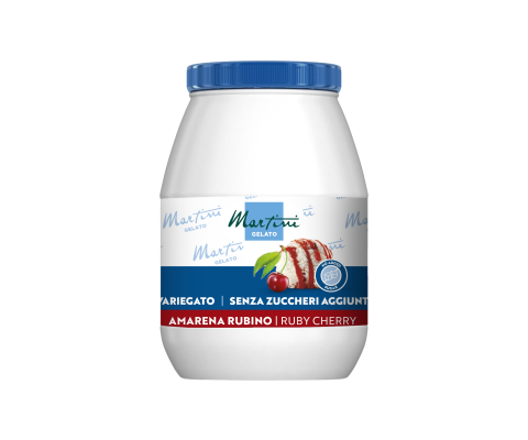 Bijela plastična posuda sladoleda Martini Gelato s plavim poklopcem, označena Amarena Rubino Ruby Cherry, bez dodanog...
